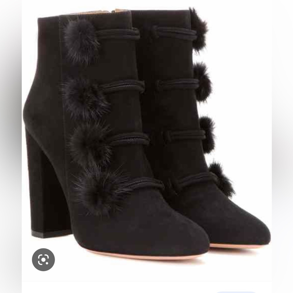 Aquazzura booties with mink Pom Pom’s